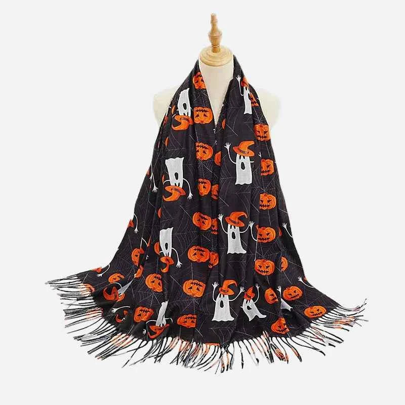 Monochrome Halloween Pumpkin Ghost Print Scarf