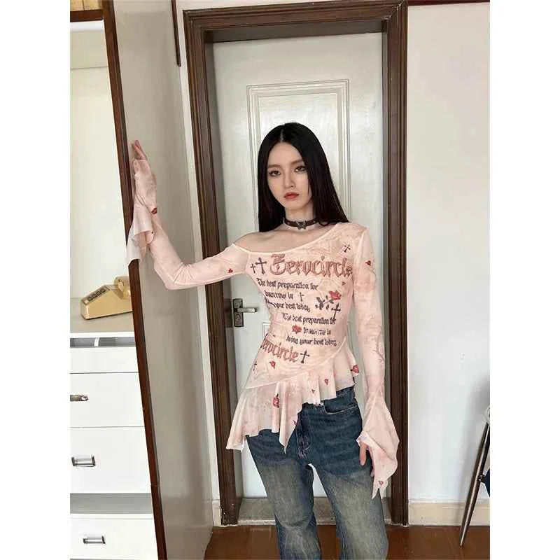 Flare Sleeve Mesh Off Shoulder T-Shirt