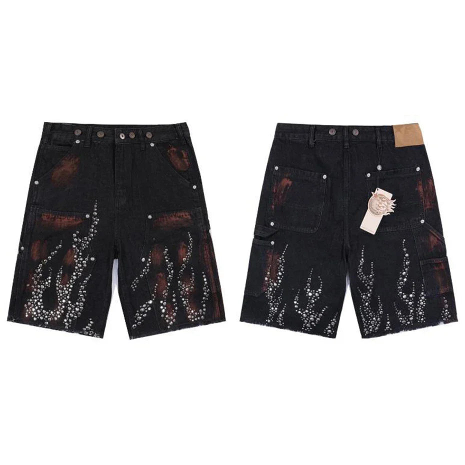 Fire Diamond Denim Rhinestone Shorts