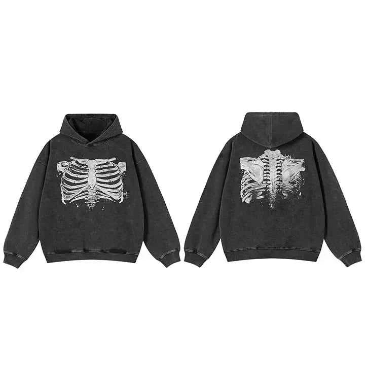 Oversize Faded Black Skeleton Graphic Hip Hop Hoodie