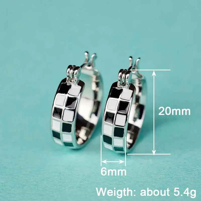 Elegant Black White Grid Hoop Earrings