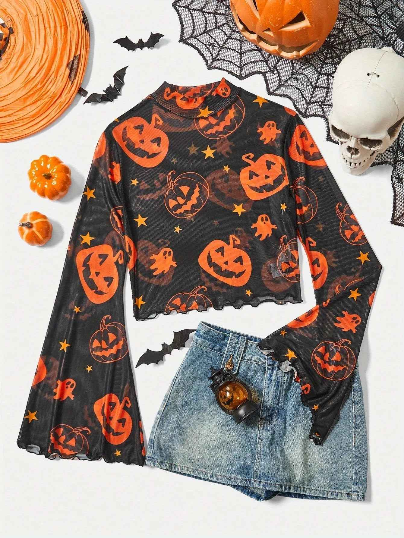 Halloween Pumpkin Pattern Mesh American T-Shirt