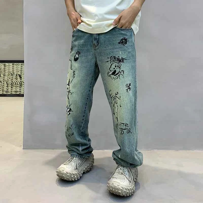 Men Personalized Graffiti Printing Casual Jeans