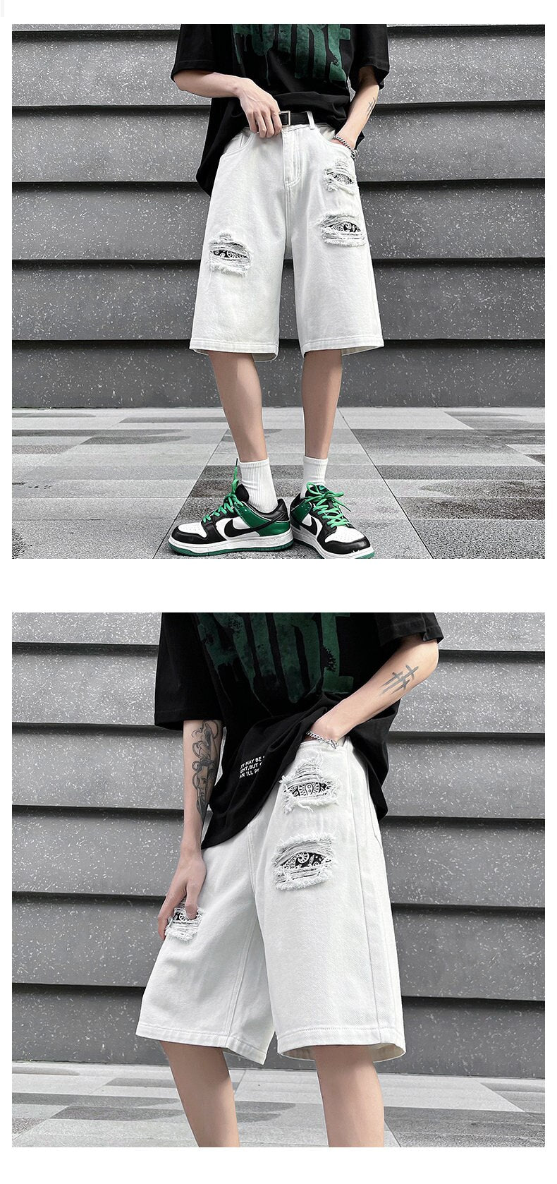 Ripped Hole Patchwork Knee Length Shorts
