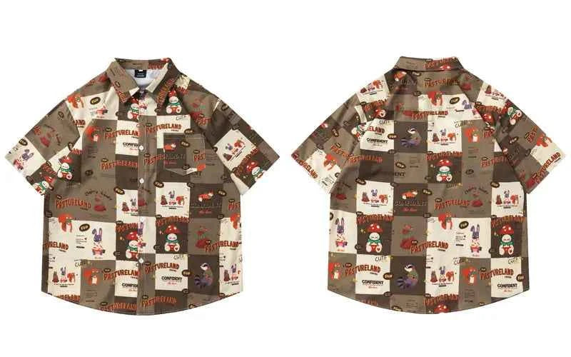 Vibrant Cartoon Graphic Button-Up Beach Shirt