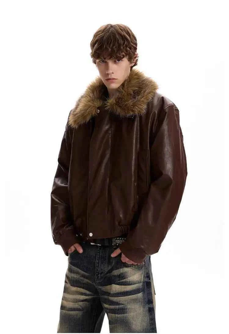 Luxury Faux Fur Lapel Leather Padded Jacket
