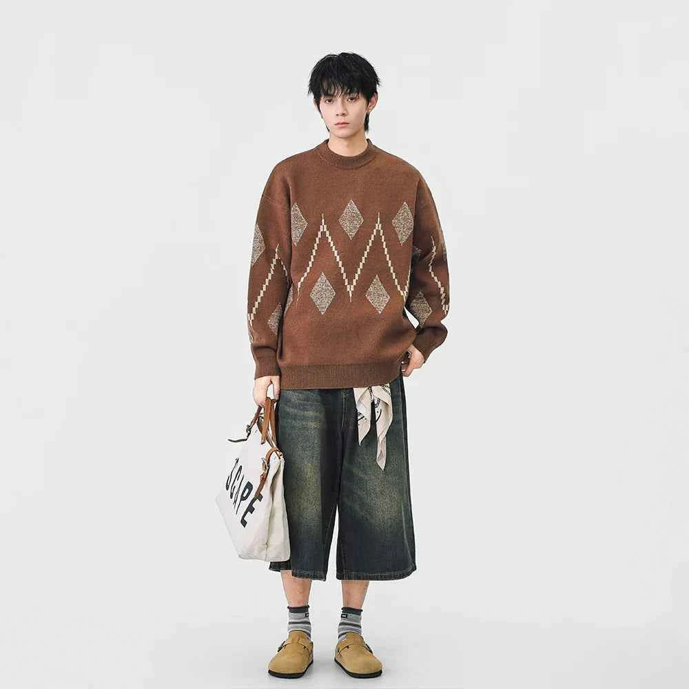 Cozy Argyle Knit Crew Neck Classic Sweater