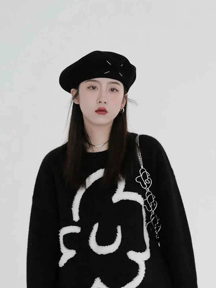 Women Vintage Black Floral Knitted Pullover Sweater