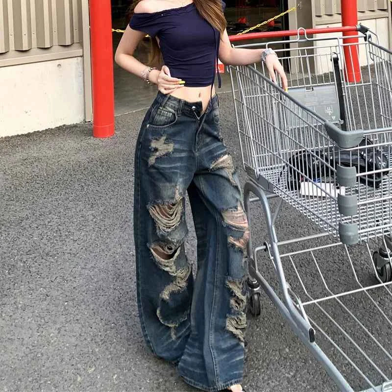 Breathable Washed Ripped High-Waist Jeans