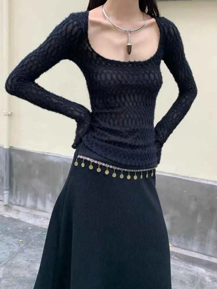 Yedinas Gothic Black Sheer Long T-Shirt