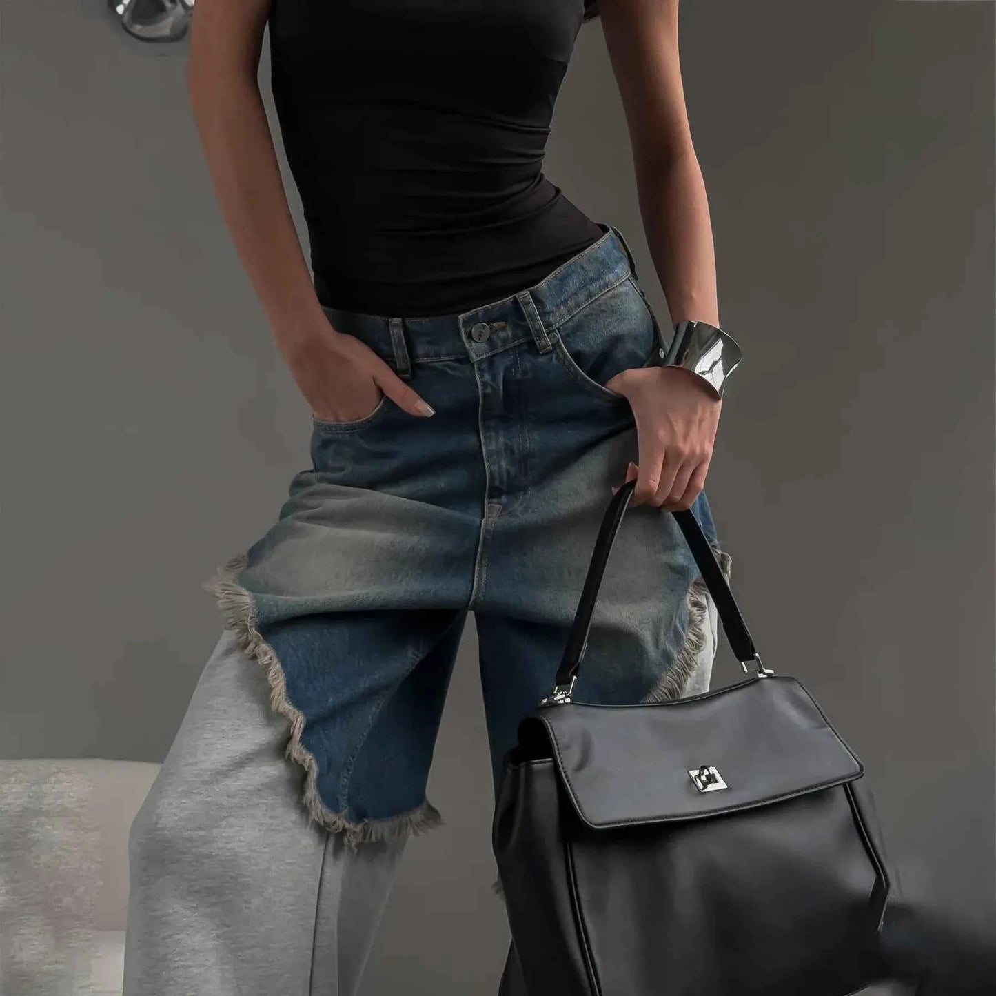 Distressed Patchwork Wide Leg Denim Pants