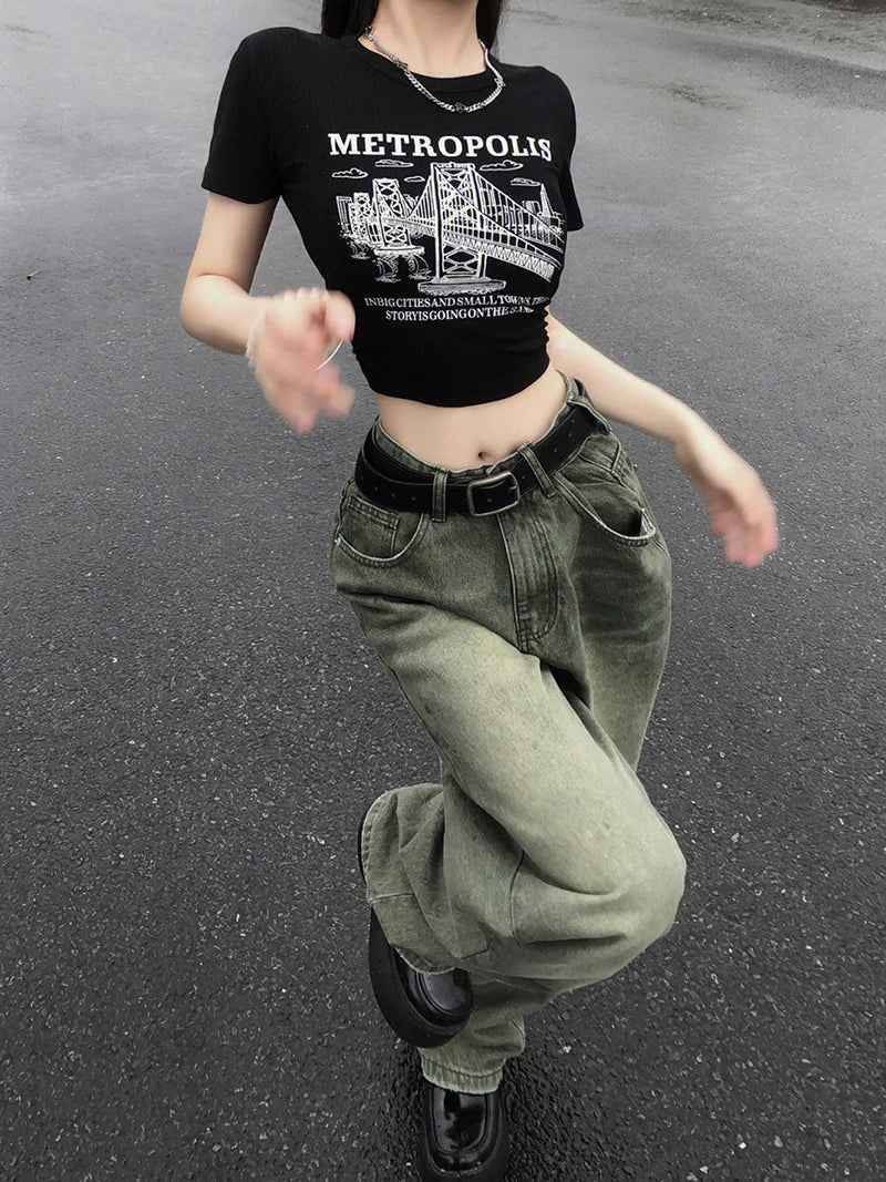 Y2K Women Green Gradient Wide Leg Jeans