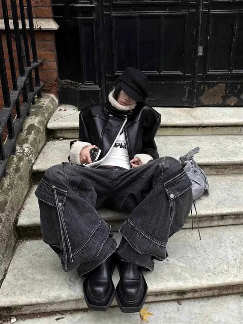 High Waist Black Hip Hop Gothic Cargo Jeans
