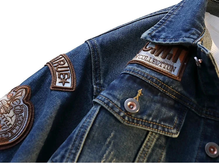 Embroidered Turn Down Collar Loose Denim Jacket