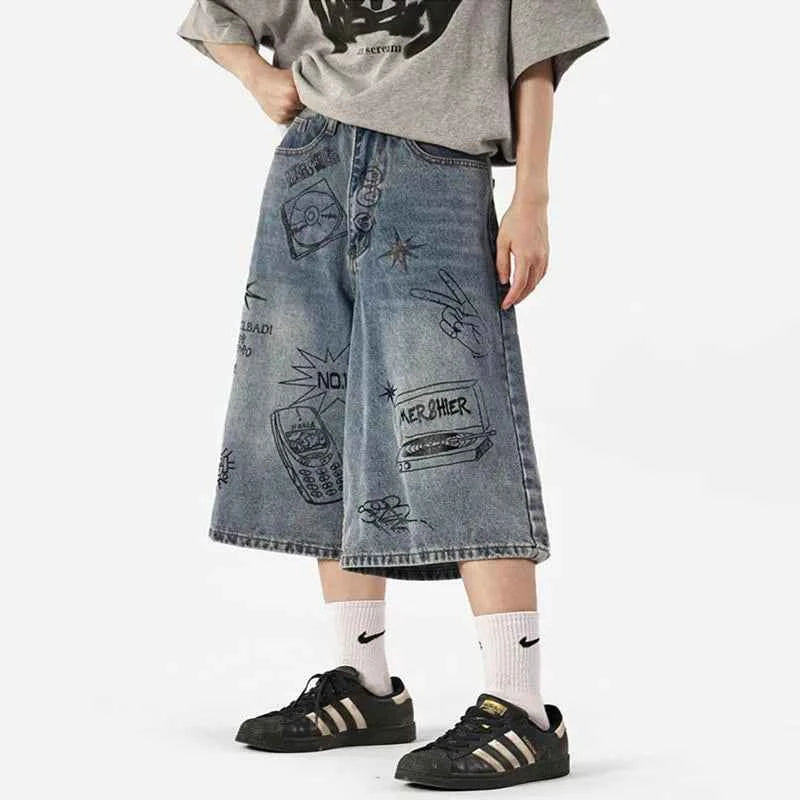 Cool Streetwear Graffiti Printed Loose Wide Leg Jorts