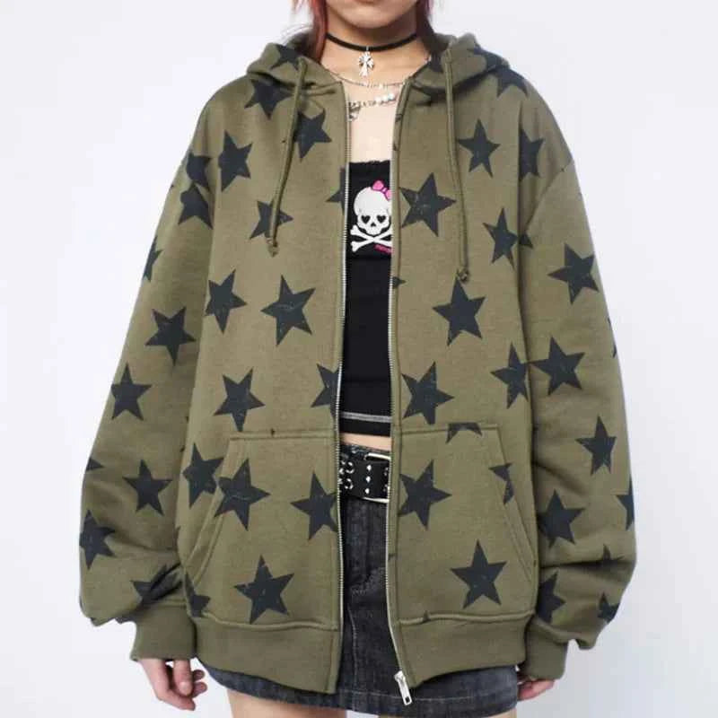 Gothic Stars Print Zip Up Sweatshirt