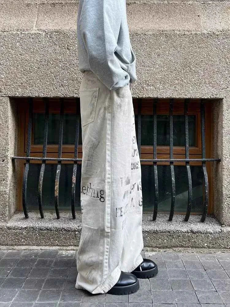 Cyber Y2K Printed White Baggy Jeans