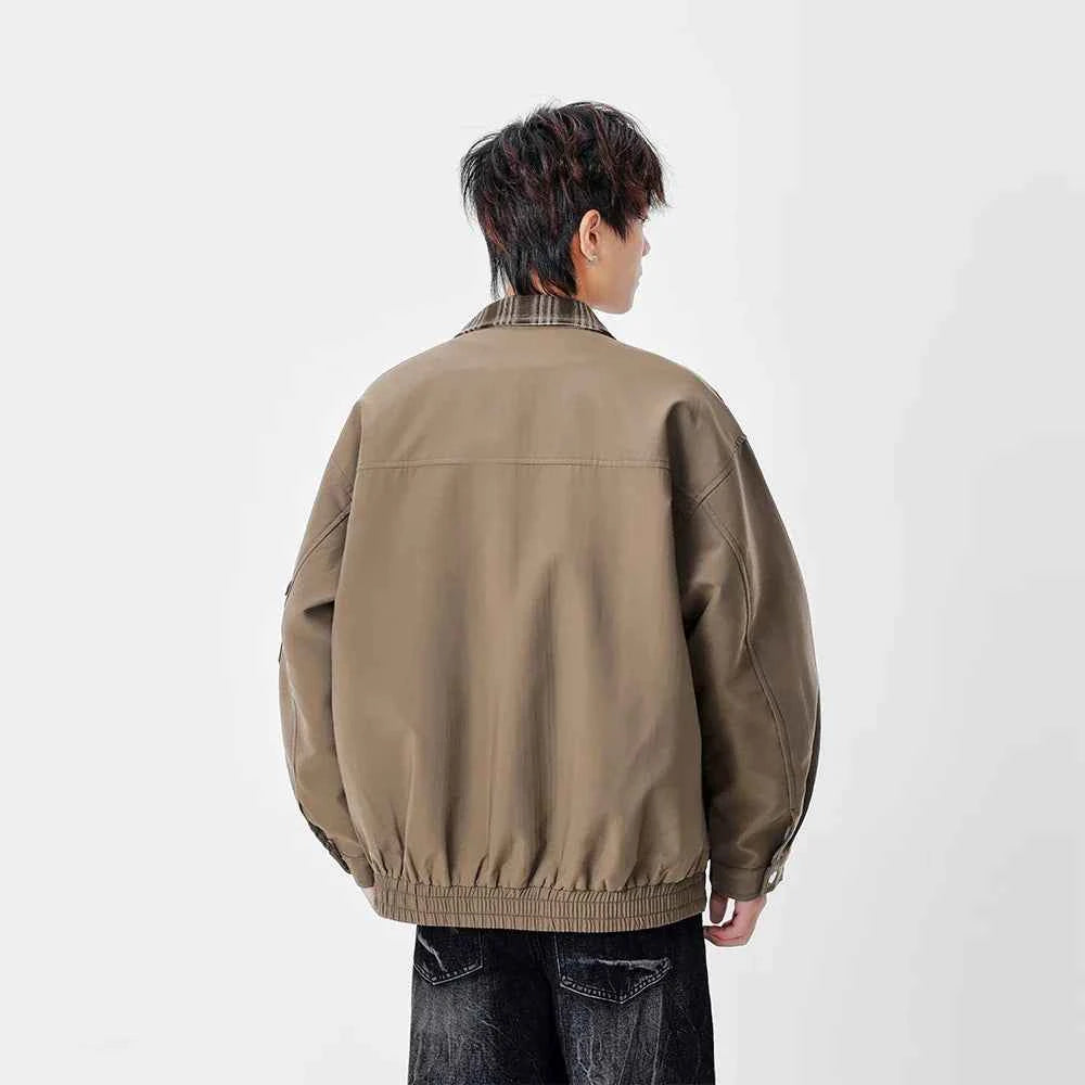 Warm Contrast Plaid Collar Button Up Leather Jacket