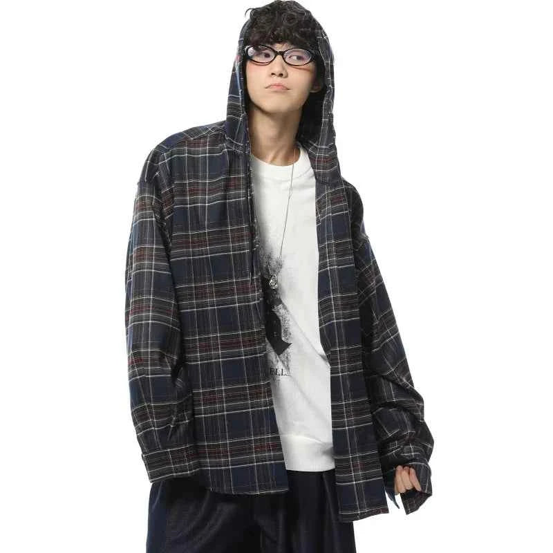 Streetwear Cool Plaid Casual Hooded Shirt