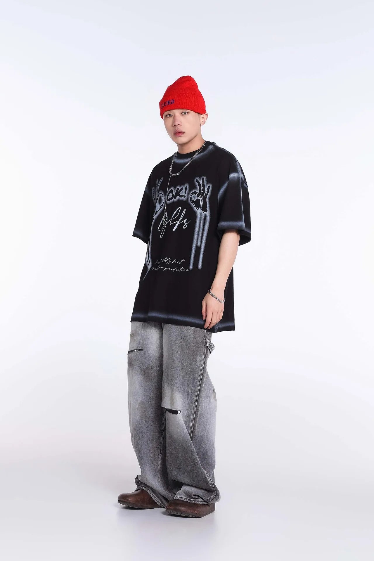 Black Lining Skeleton Hands Graphic T-Shirt