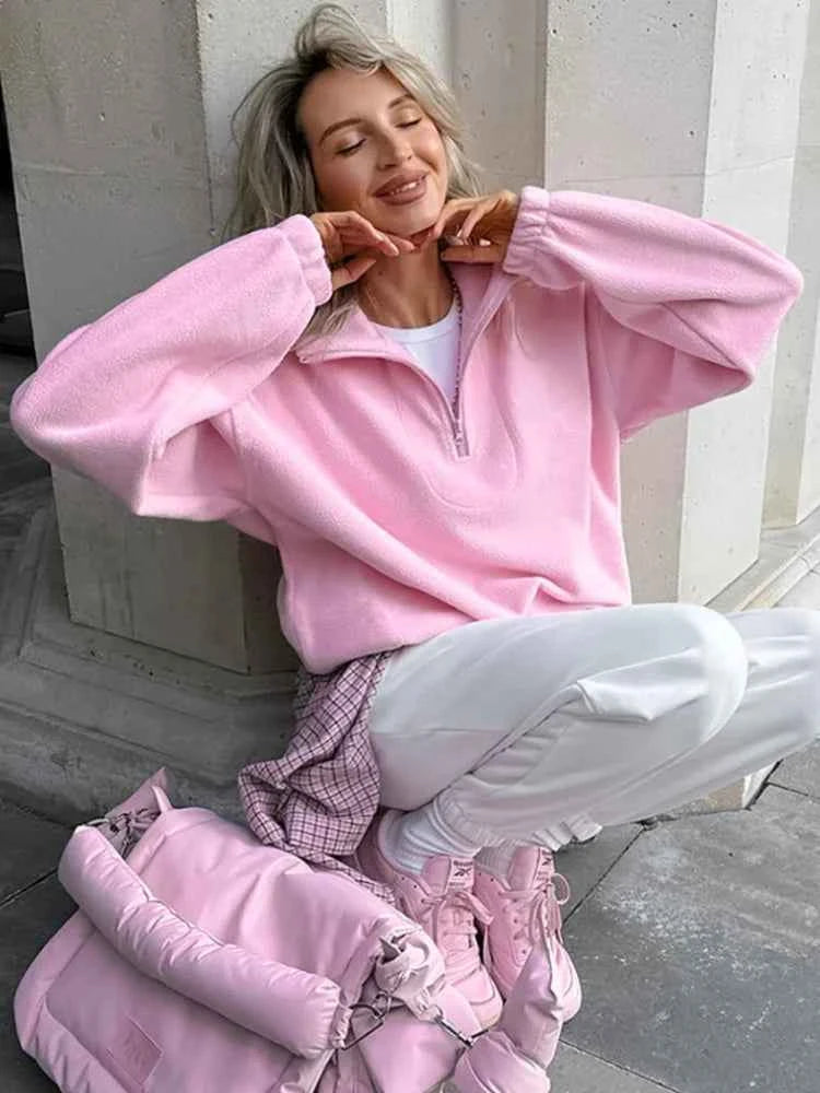 Oversized Pink Zipped Fleece SweatShirt