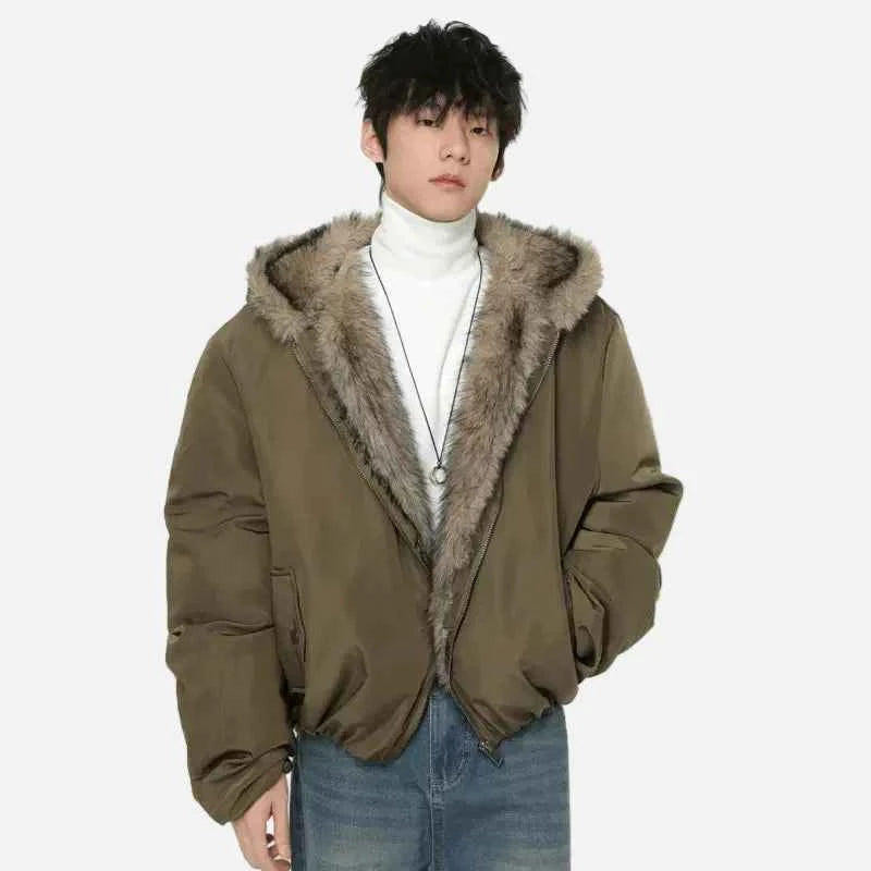 Retro Solid Color Thicken Hooded Fur Jacket