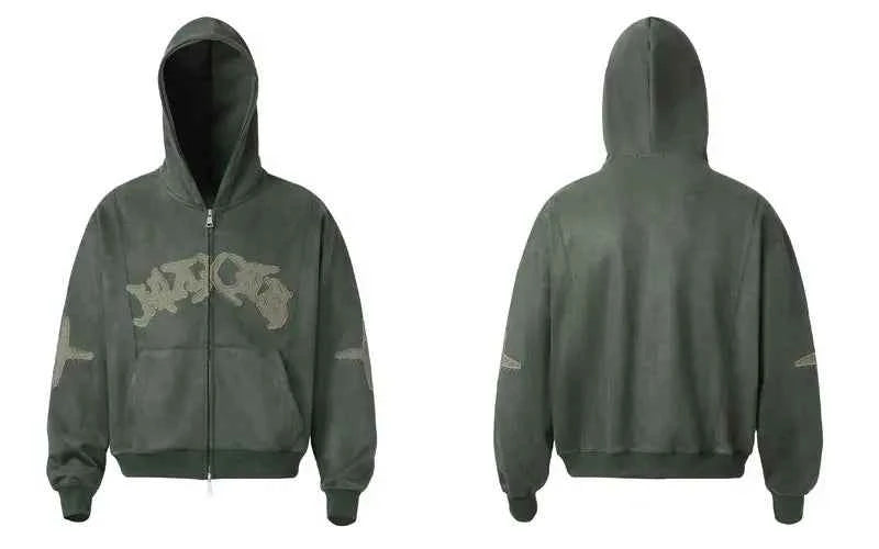 Vintage Flattering Embroidered Zip-Up Hooded Sweatshirt