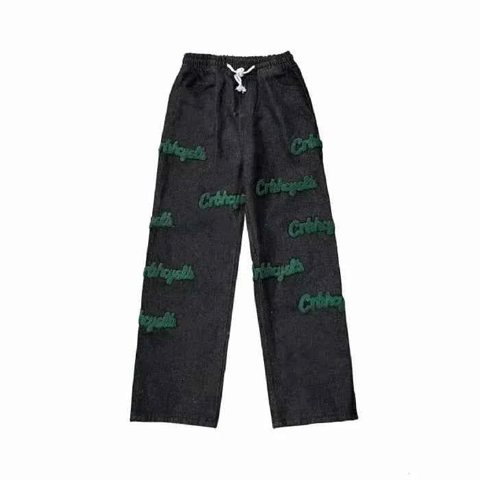 Elastic High Waist Flocked Embroidered Jeans