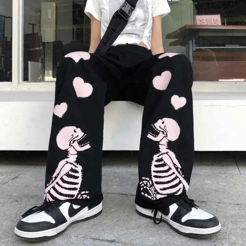 Skulls Print Loose Hearts Wide Leg Pants
