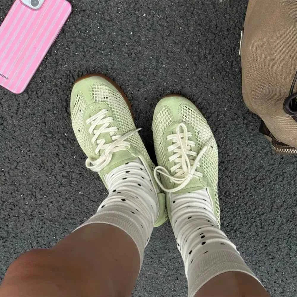 Chic Light Green Fishnet Lace-Up Flat Sneaker
