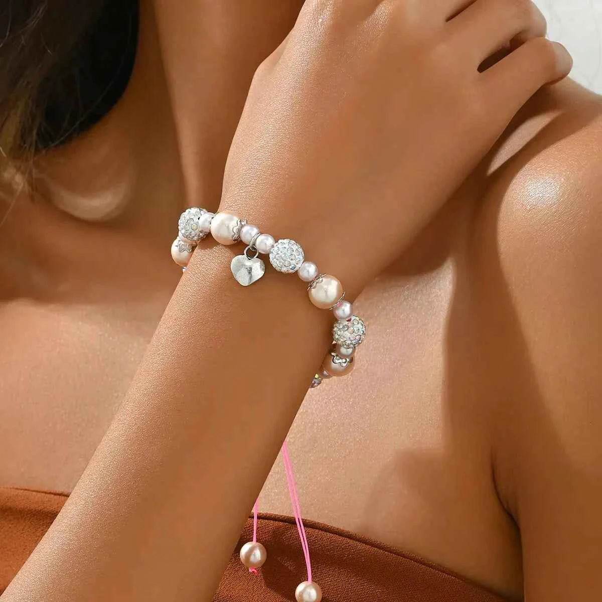 Shiny Pink Imitation Pearl Heart Charm Bracelets