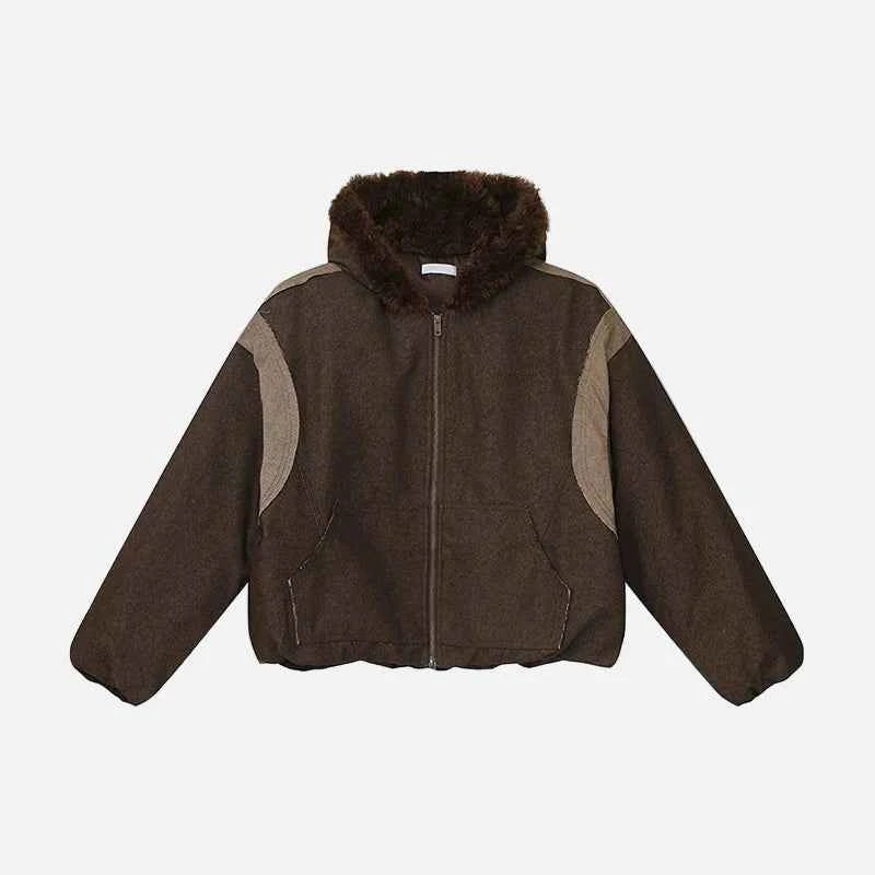 Y2K Versatile Patchwork Faux Fur Hooded Jacket