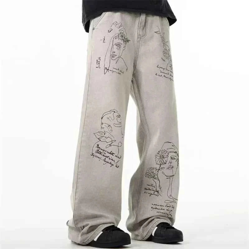 Distressed American Retro Graffiti Graphic Denim Jeans