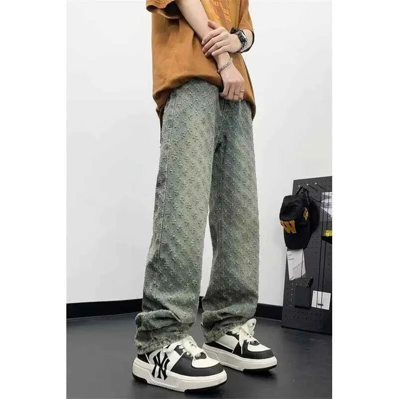 Distressed Wide Jacquard Denim Jeans