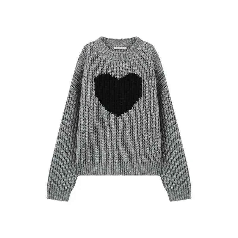 Heart Print Gray Knitted Oversize Sweater