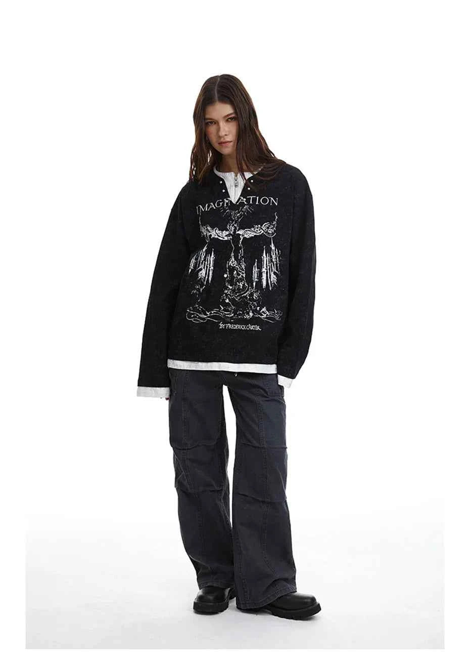 Dark Gothic Punk Fake Two-Piece Long T-Shirt