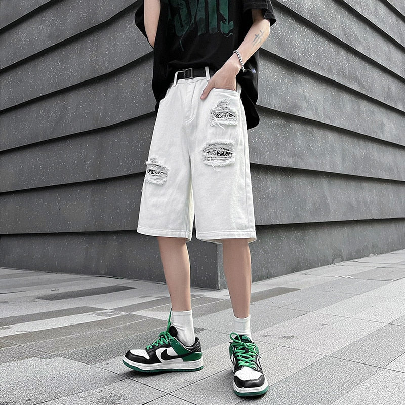 Ripped Hole Patchwork Knee Length Shorts