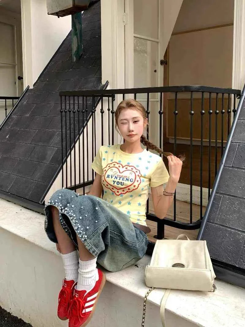 Y2K Streetwear Vintage Beaded High Waist Denim Jorts