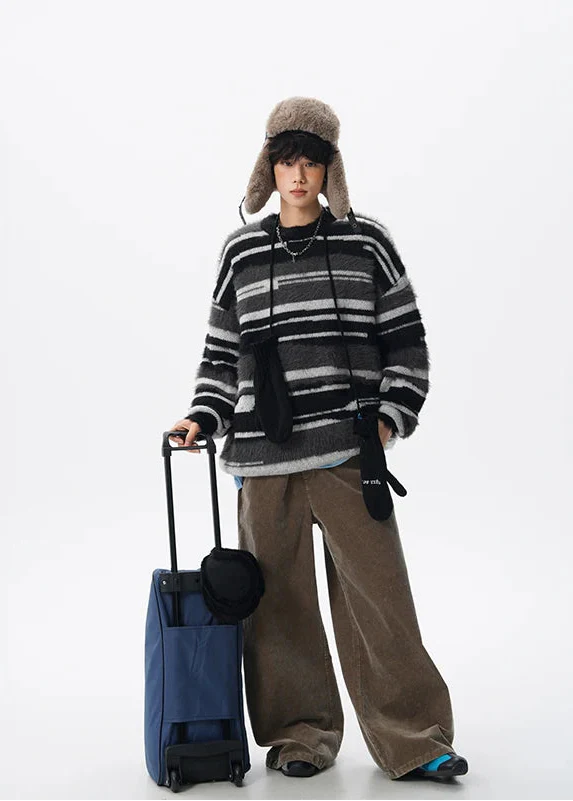 Streetwear Cozy fuzzy Striped Knit Sweater - Luxuryurbanwear
