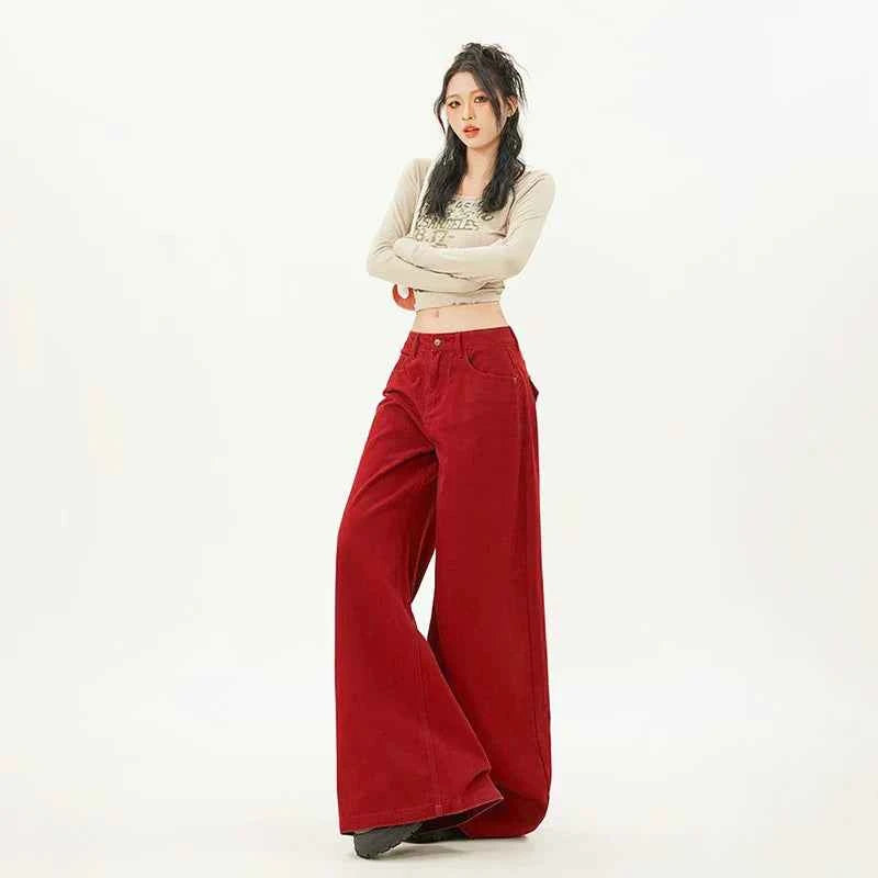 Trendy Cute Oversized Red Baggy Wide Leg Jeans