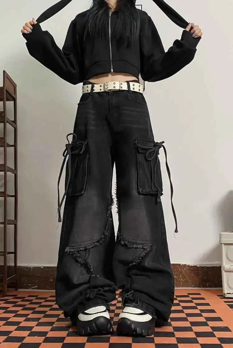 Women Retro Vintage Lace Up High Waist Jeans