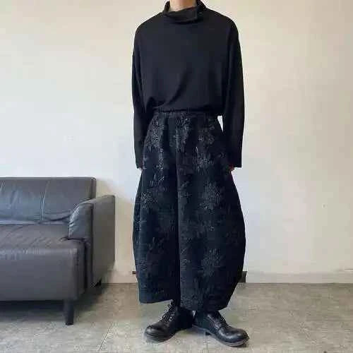 Men Floral Embroidery Baggy Wide Leg Pants