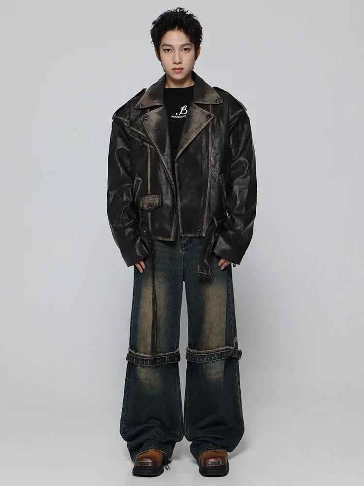 Streetwear Retro Distressed Black Leather Jacket