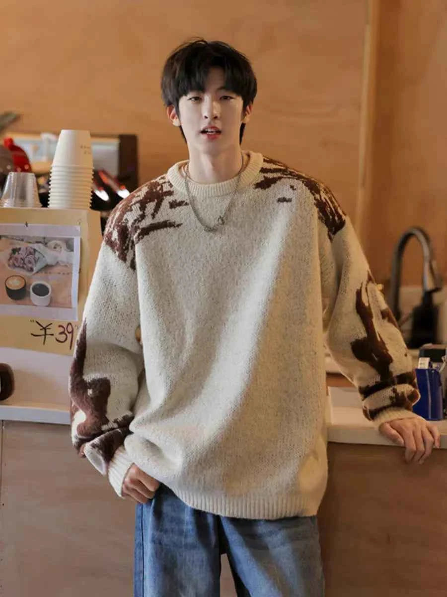 Men Retro Contrast Color Korean Style Sweater