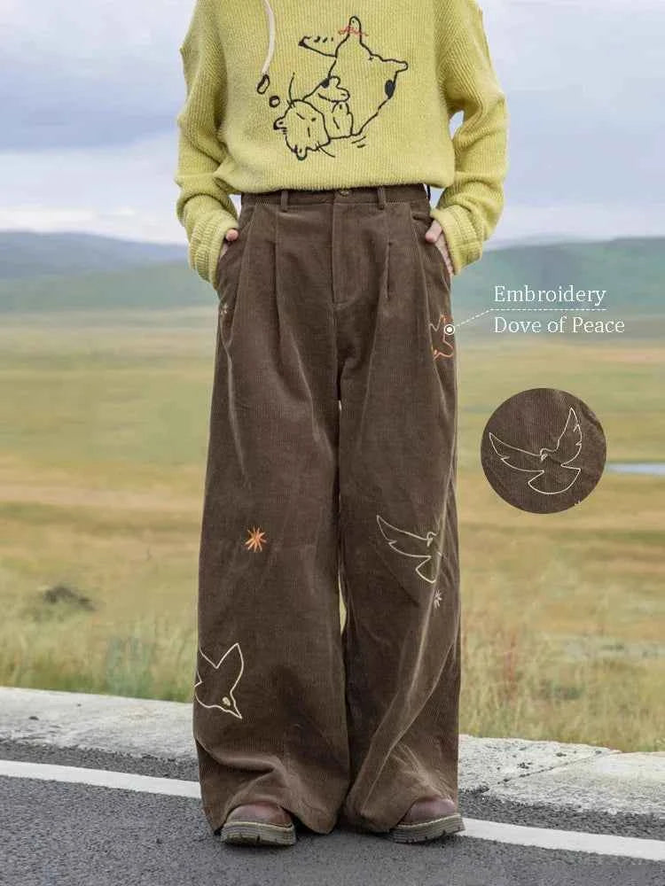 Embroidered Dove Brown Corduroy Pants