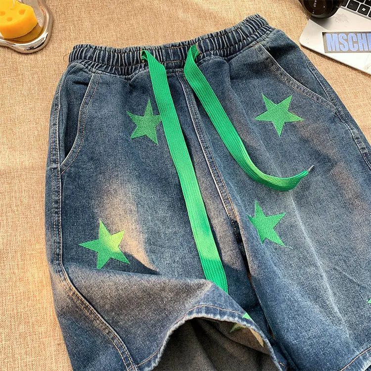 Five-point Star Patchwork Elastic Waist Shorts
