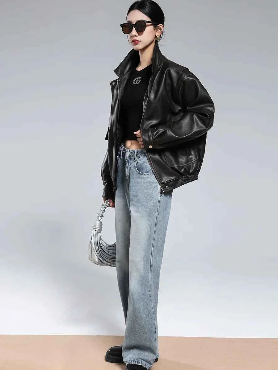 Women Vintage Distressed Brown Leather Jacket