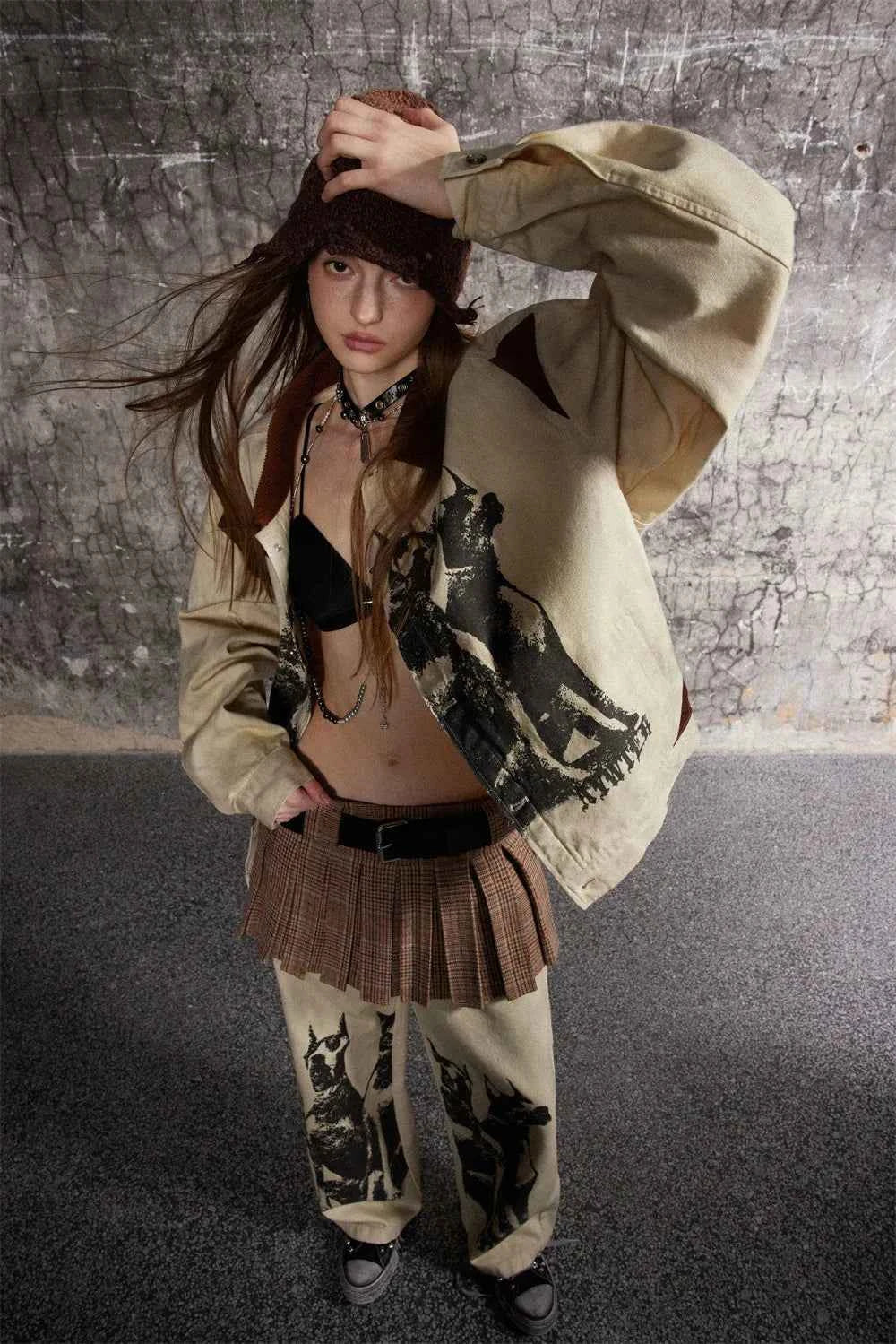 Cozy Distressed Dog Head Graffiti Lapel Jacket