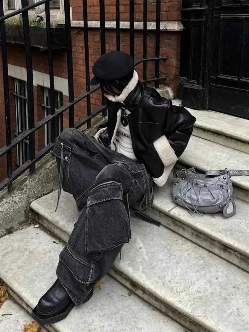 High Waist Black Hip Hop Gothic Cargo Jeans