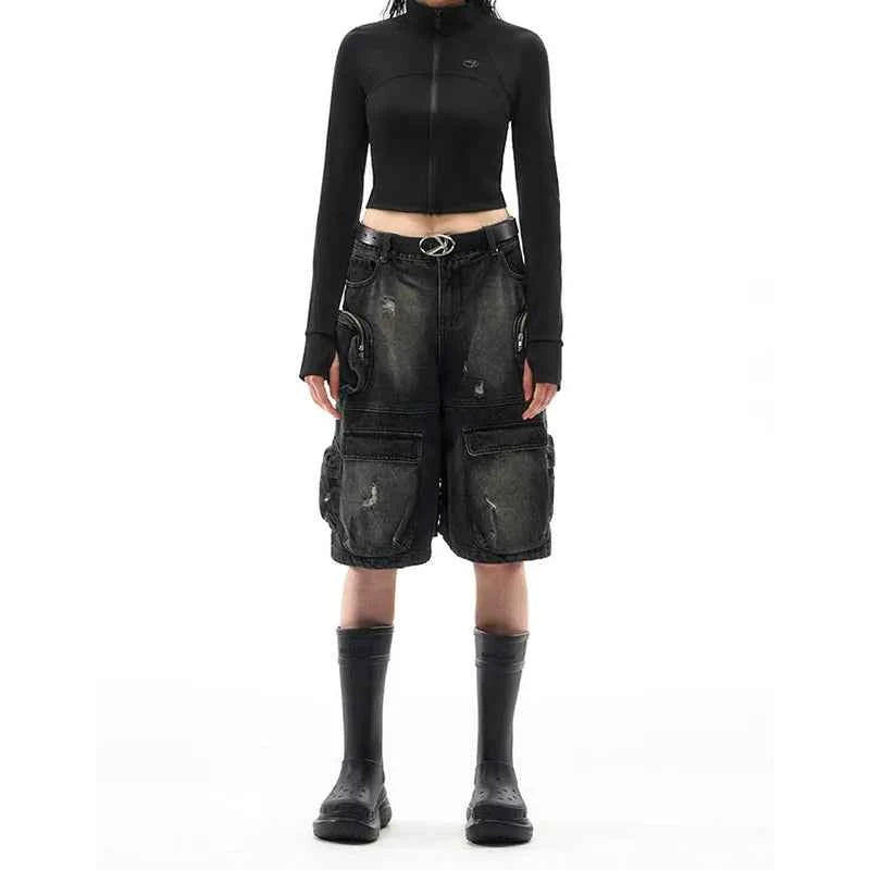 Streetwear Casual High Waist Black Vintage Denim Jorts